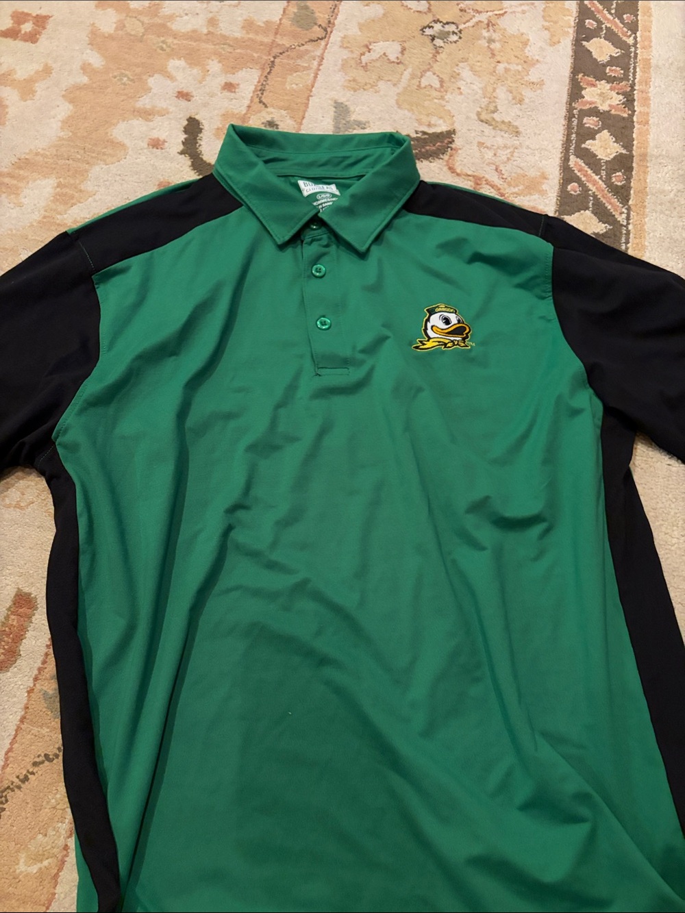 Men's Green and Black Polo with Oregon Embroidered Duck Logo